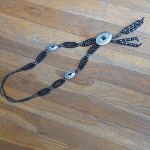 Vintage Leather And Metal Concho With Beads Western Style Necklace